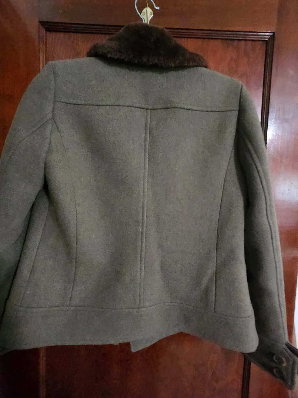 J. Crew Olive Wool-Blend Peacoat with Brown Faux Fur Collar - Picture 2 of 5